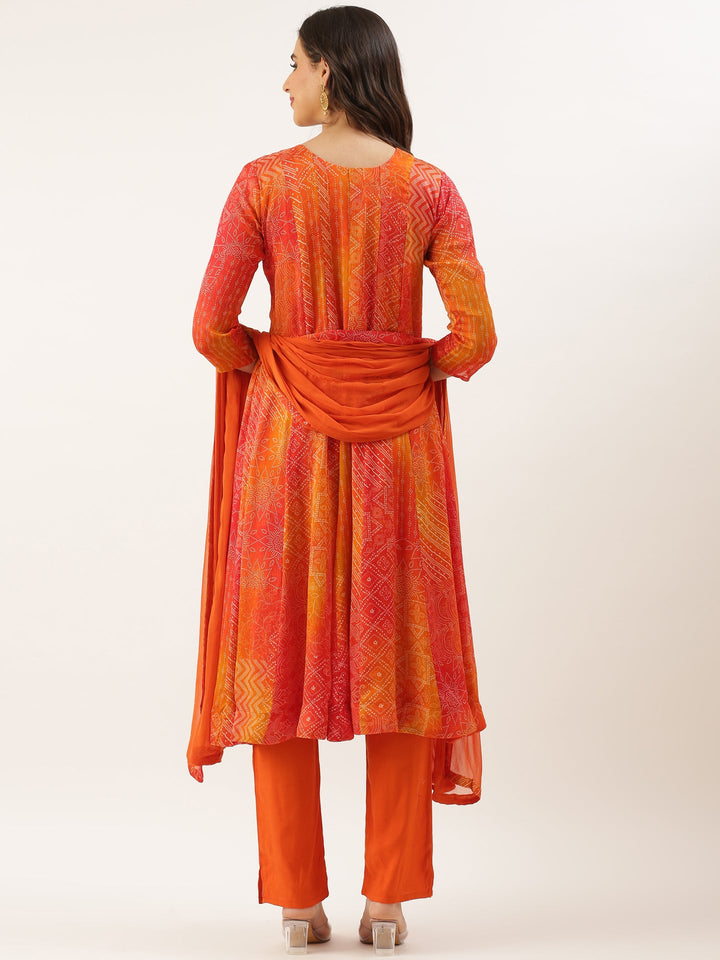 Neerus Orange Chinon Printed Suit Set - side view