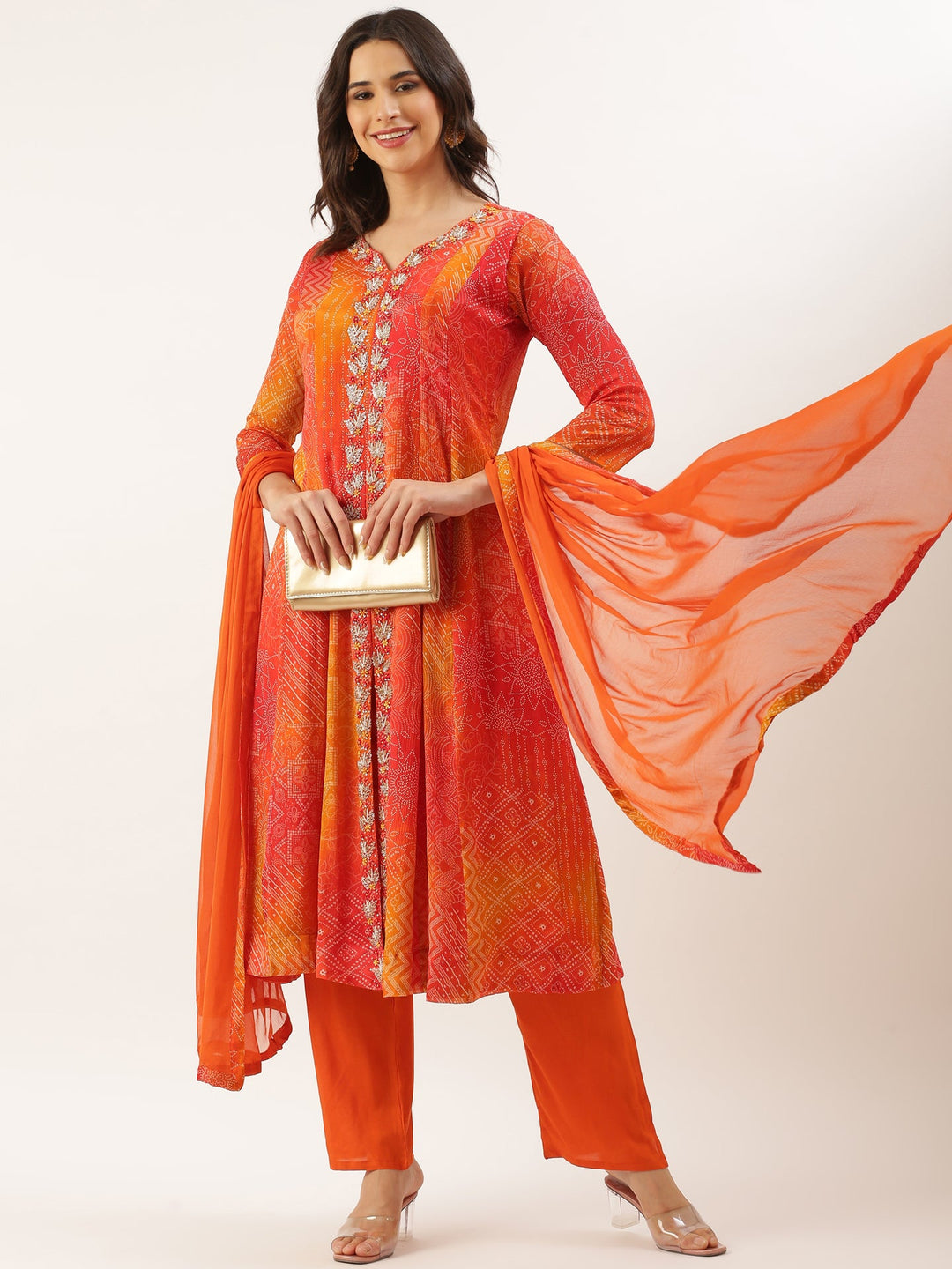 Neerus Orange Chinon Printed Suit Set - detail view 3