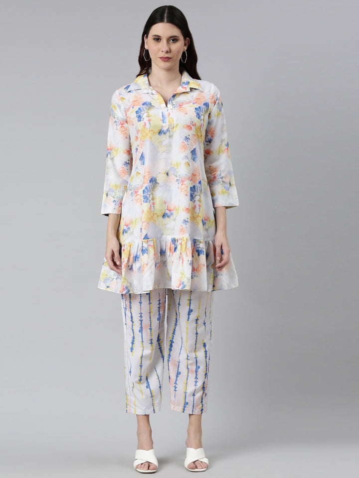 Neerus White printed co-ord set straight silhouette - front view