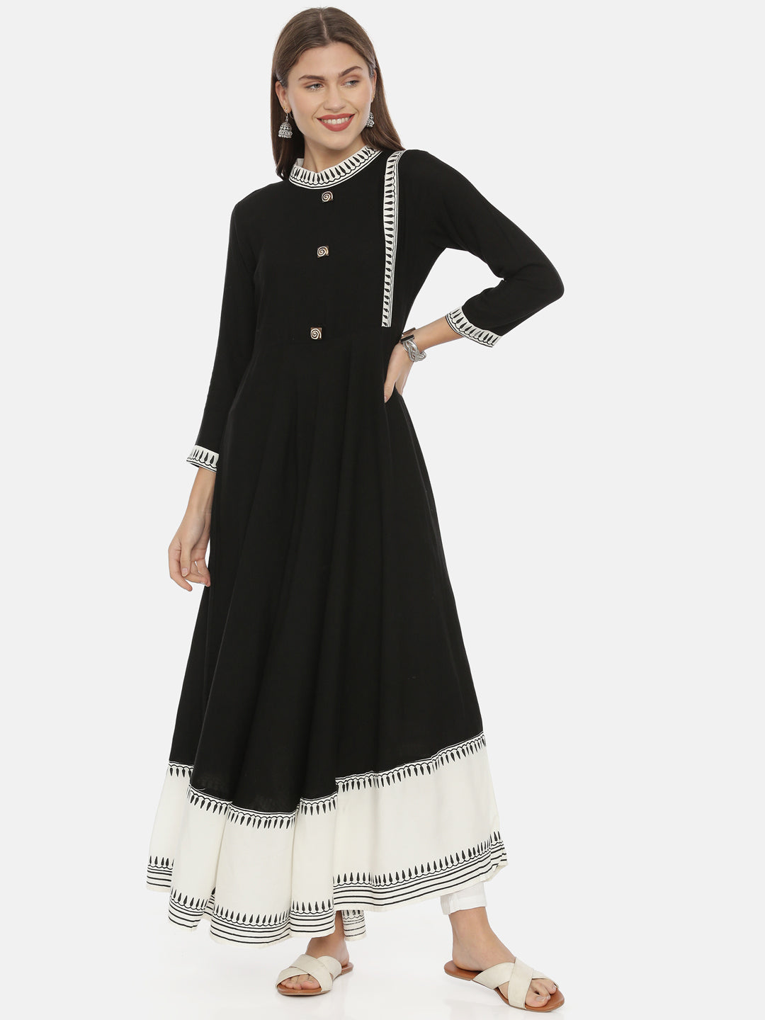 Neerus Black rayon printed anarkali kurta - detail view 3