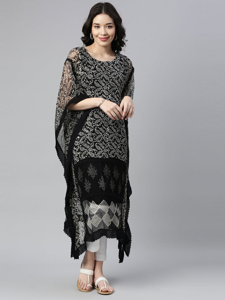 Neerus Black georgette printed kaftan kurti - detail view 4