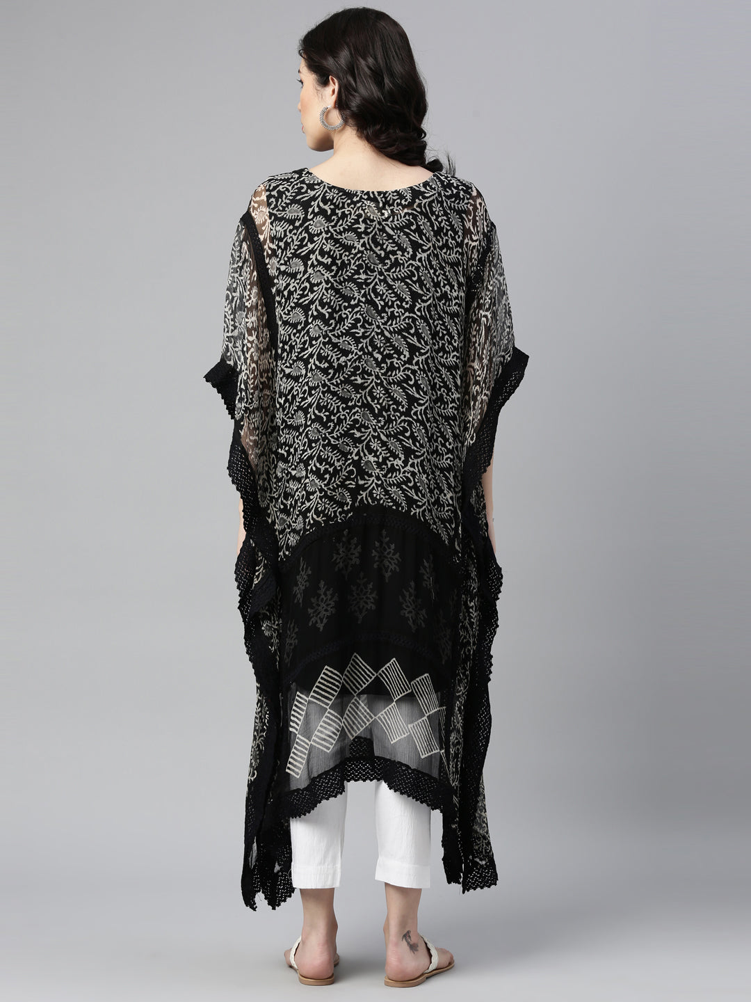Neerus Black georgette printed kaftan kurti - back view