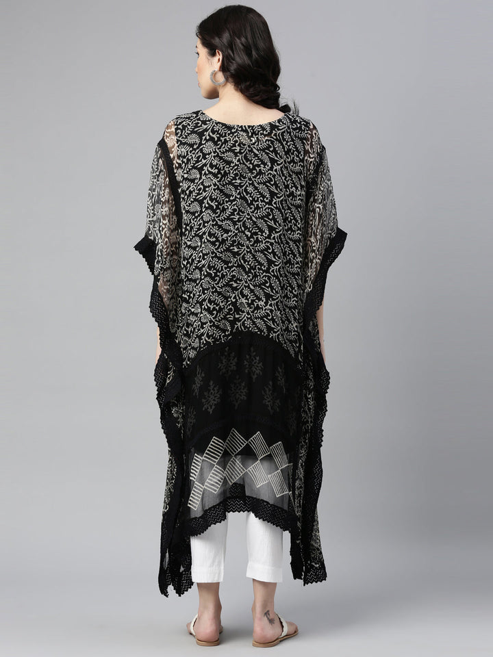 Neerus Black georgette printed kaftan kurti - back view