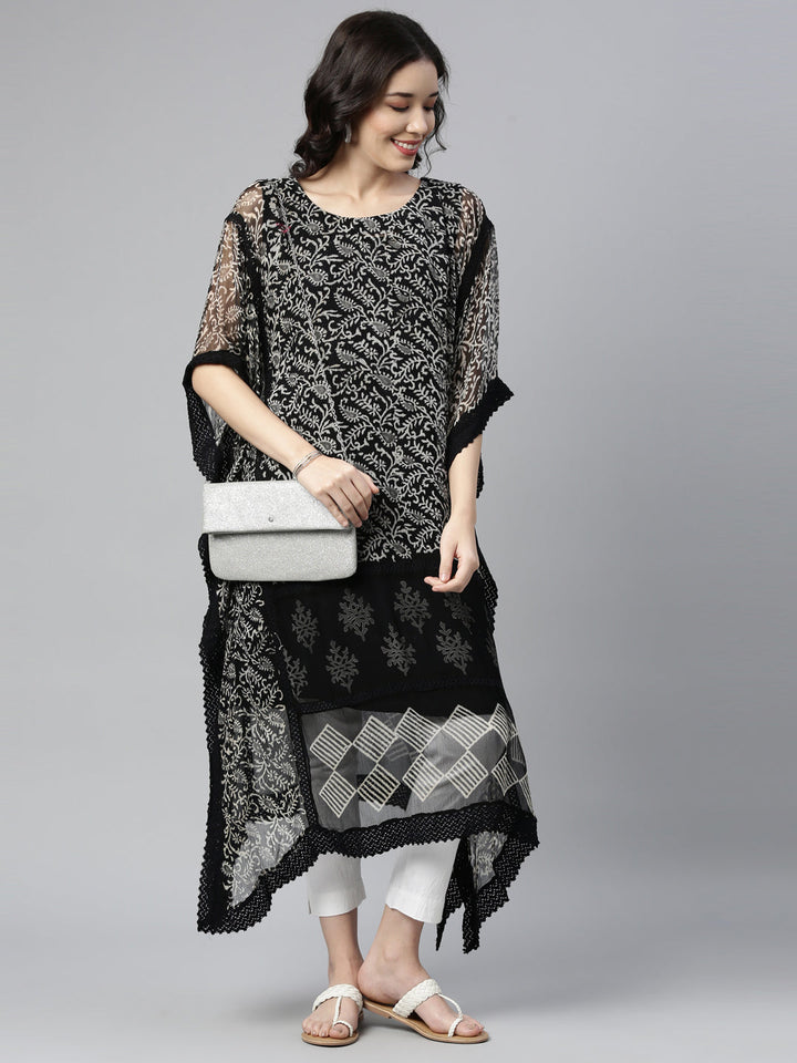 Neerus Black georgette printed kaftan kurti - detail view 1