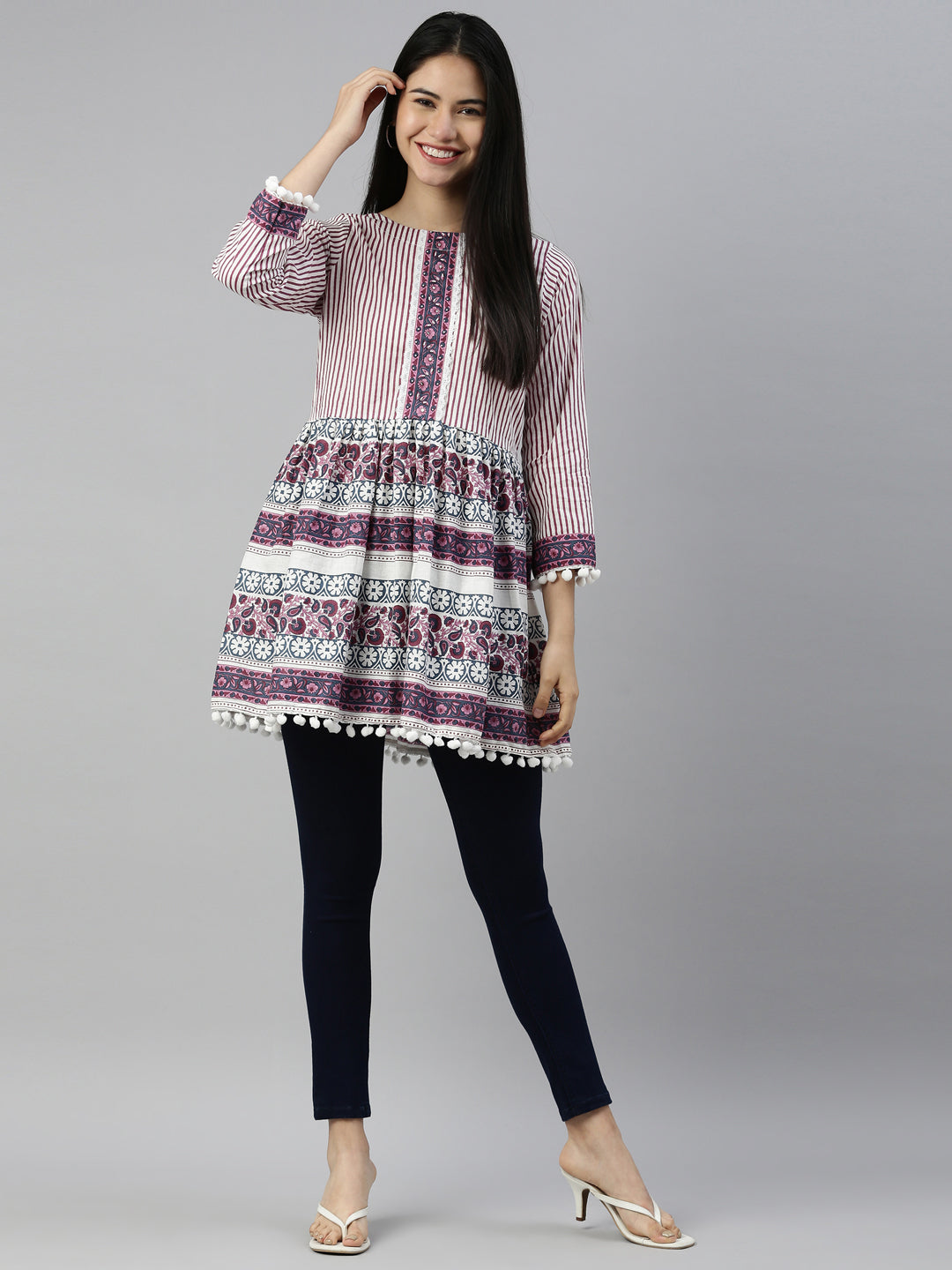Neerus White cotton straight kurta for women - front view