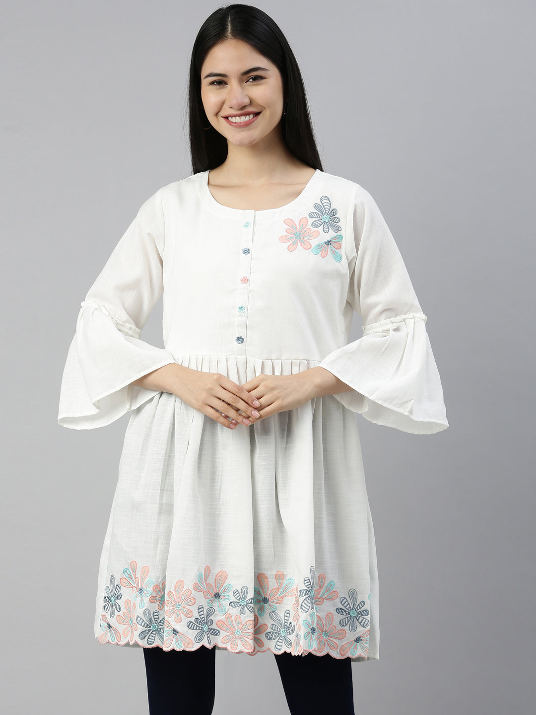 Neerus White cotton solid kurti - detail view 4