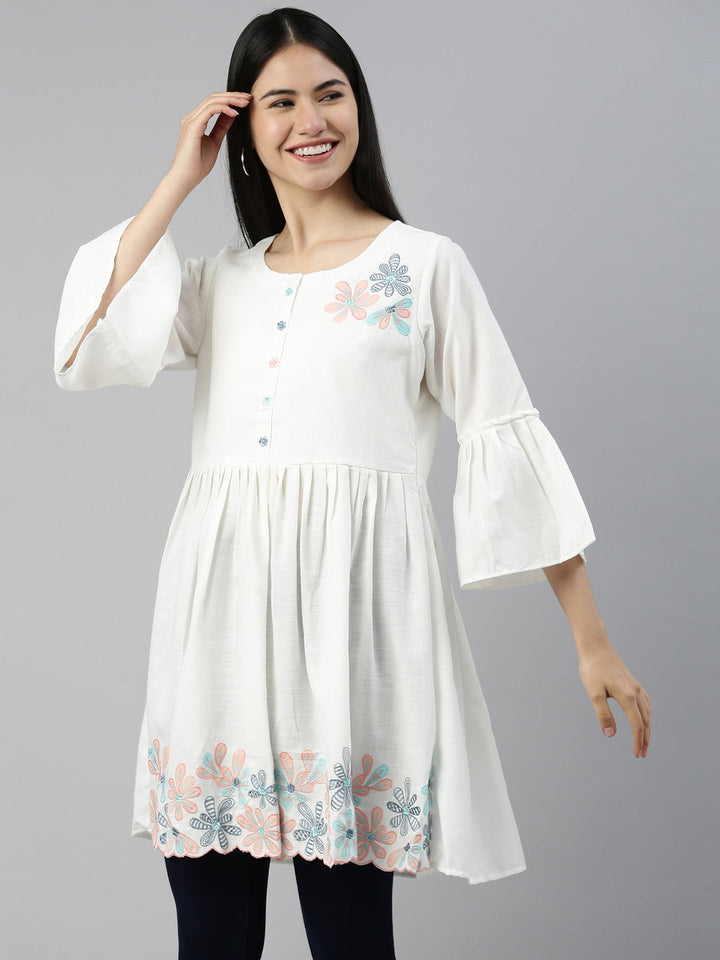Neerus White cotton solid kurti - back view