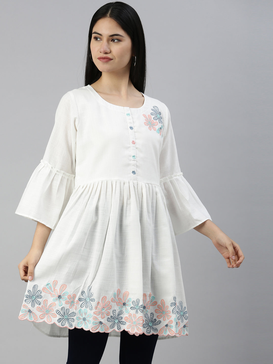 Neerus White cotton solid kurti - side view