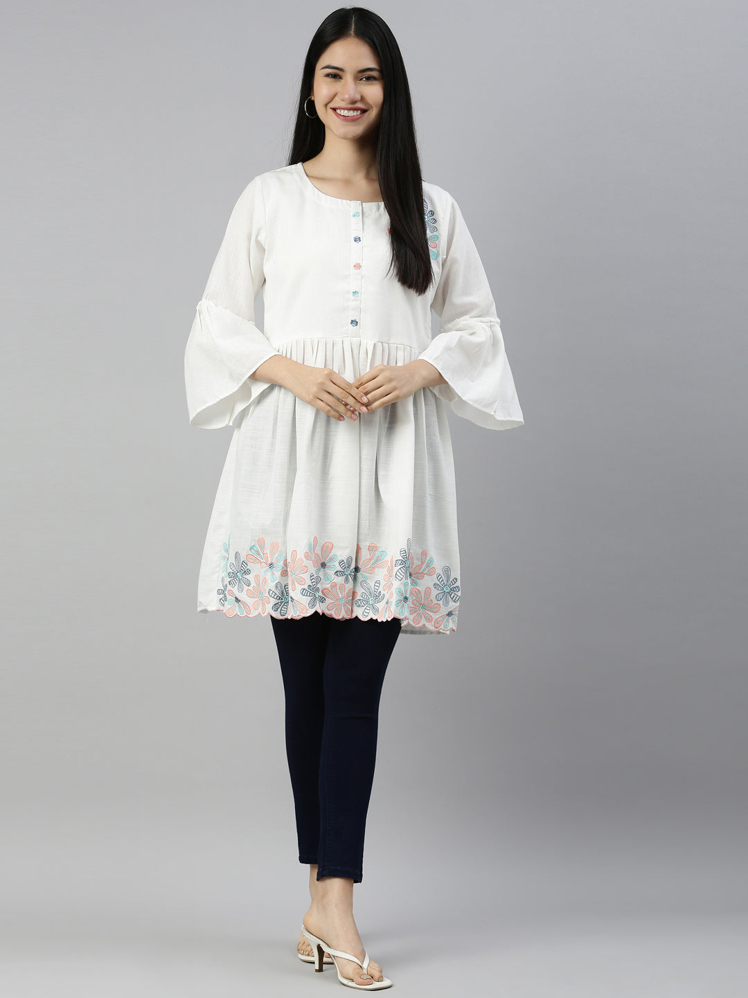 Neerus White cotton solid kurti - front view