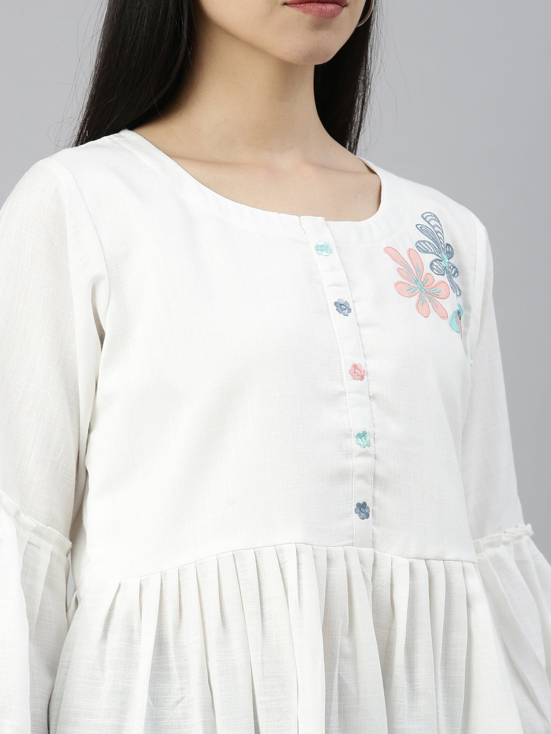 Neerus White cotton solid kurti - detail view 3
