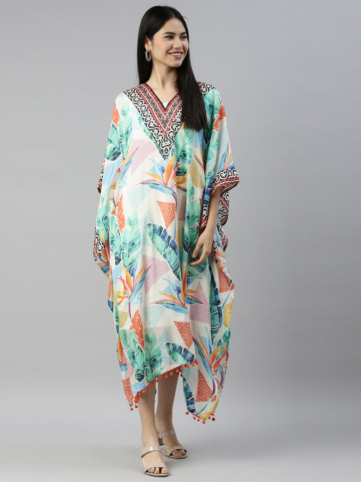 Neerus Multi satin printed kaftan kurti - front view