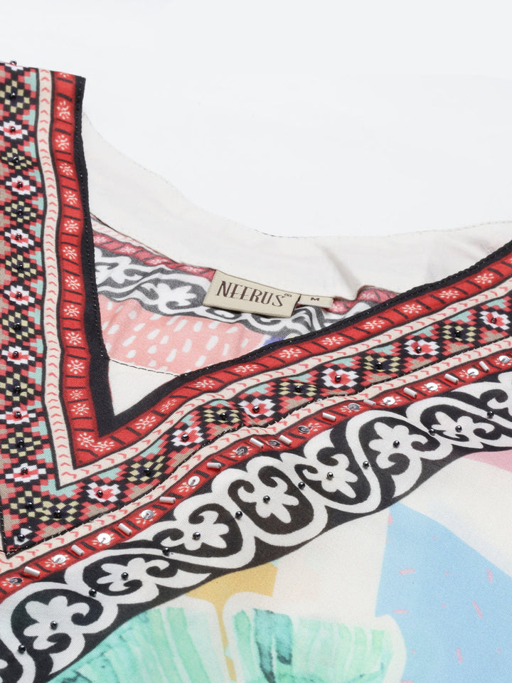 Neerus Multi satin printed kaftan kurti - detail view 4