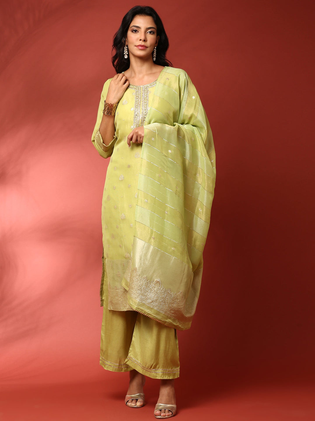 Neerus Green tissue hand embroidered suit set - front view