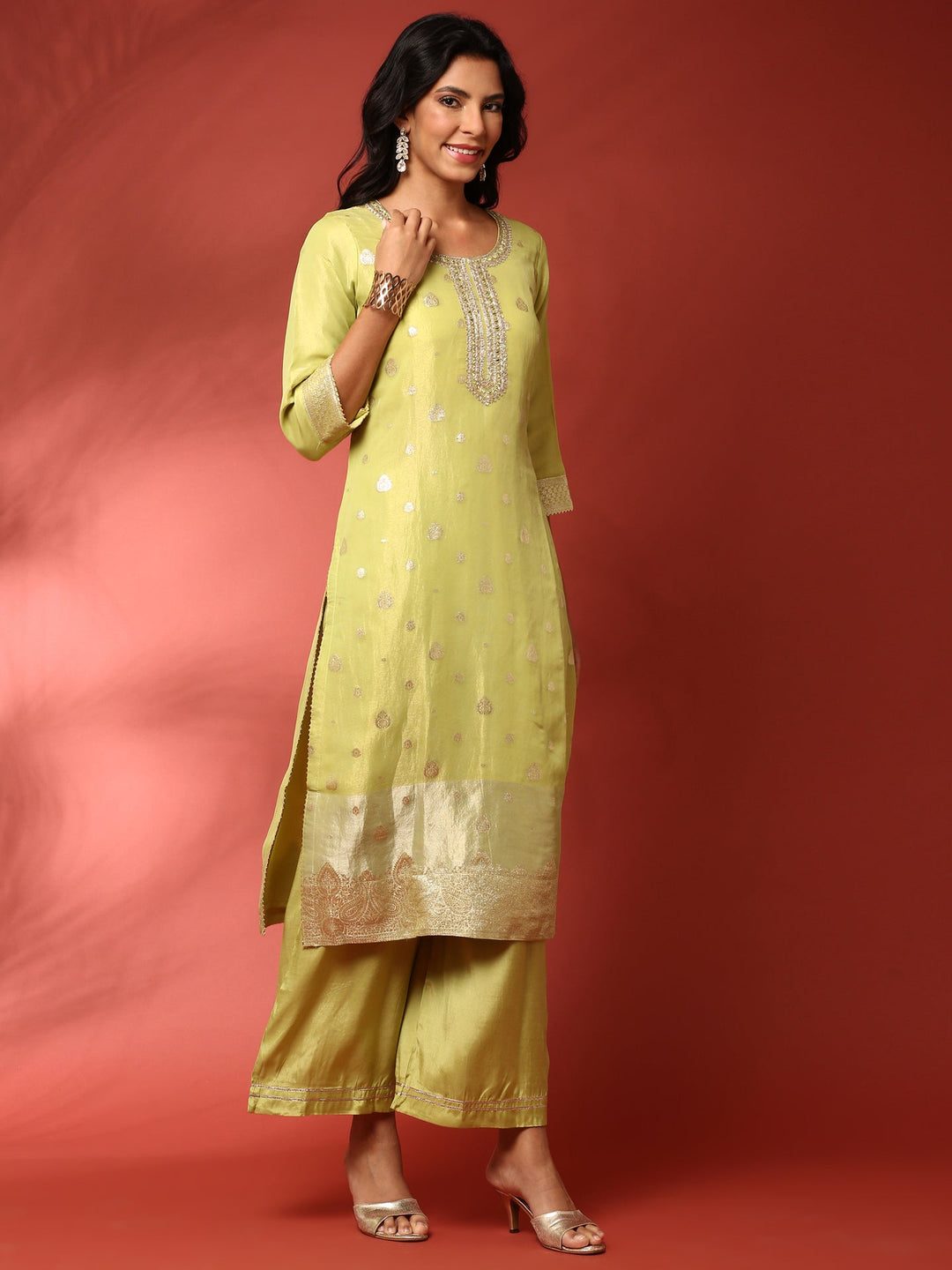 Neerus Green tissue hand embroidered suit set - back view