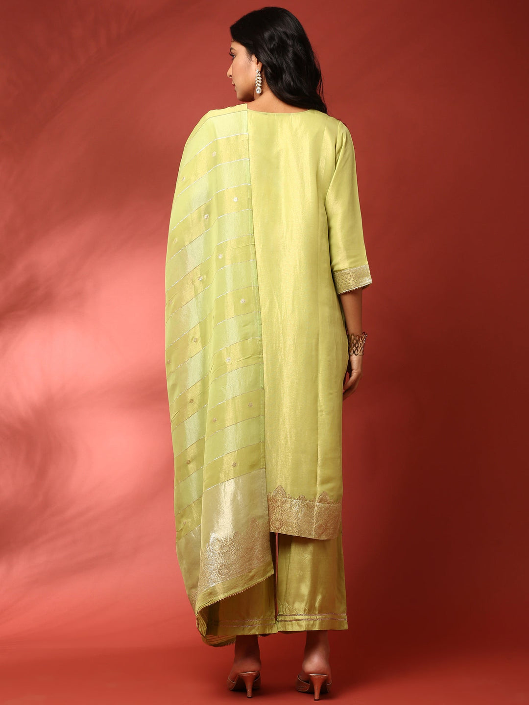 Neerus Green tissue hand embroidered suit set - side view