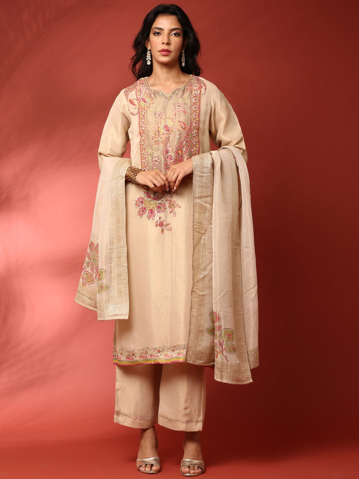 Gold Beige Tissue Aplique work three piece suit set