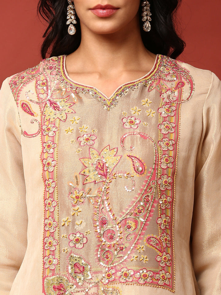 Gold Beige Tissue Aplique work three piece suit set