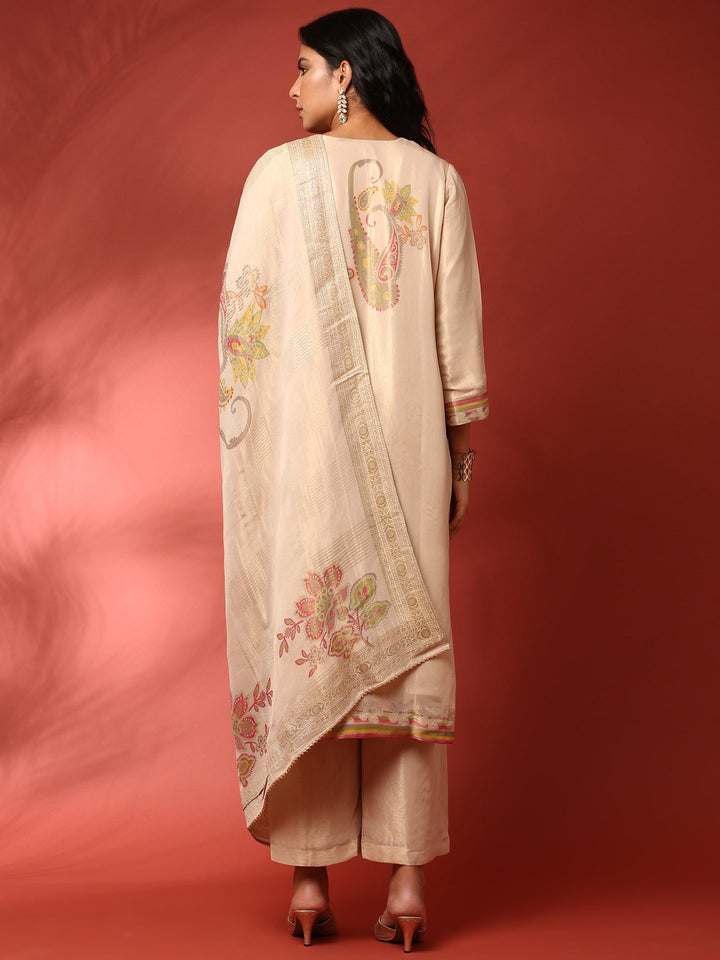 Gold Beige Tissue Aplique work three piece suit set