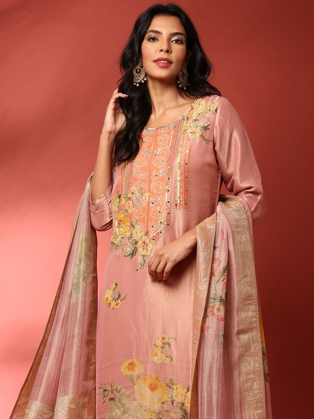 Neerus Pink tissue hand embroidered suit set - back view