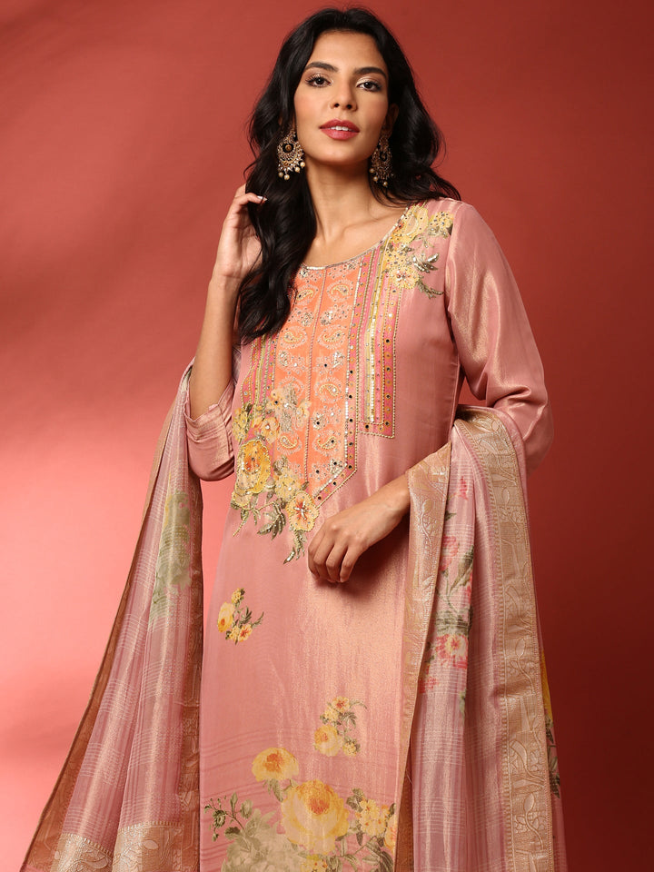 Onion pink tissue hand embroidered three piece suit set