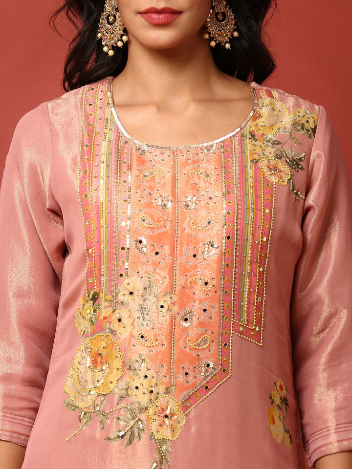 Neerus Pink tissue hand embroidered suit set - detail view 2