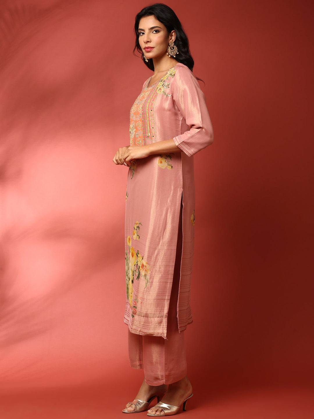 Neerus Pink tissue hand embroidered suit set - side view