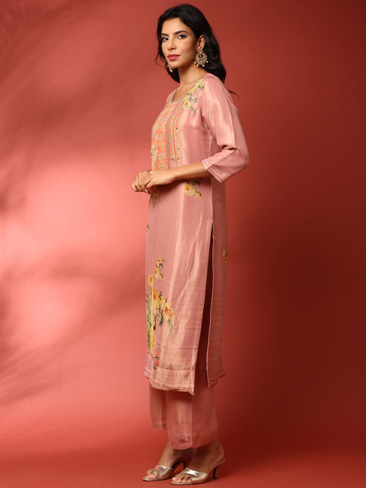 Neerus Pink tissue hand embroidered suit set - side view