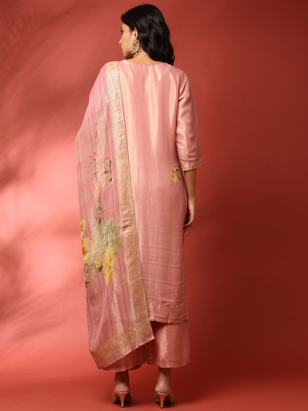 Neerus Pink tissue hand embroidered suit set - detail view 1