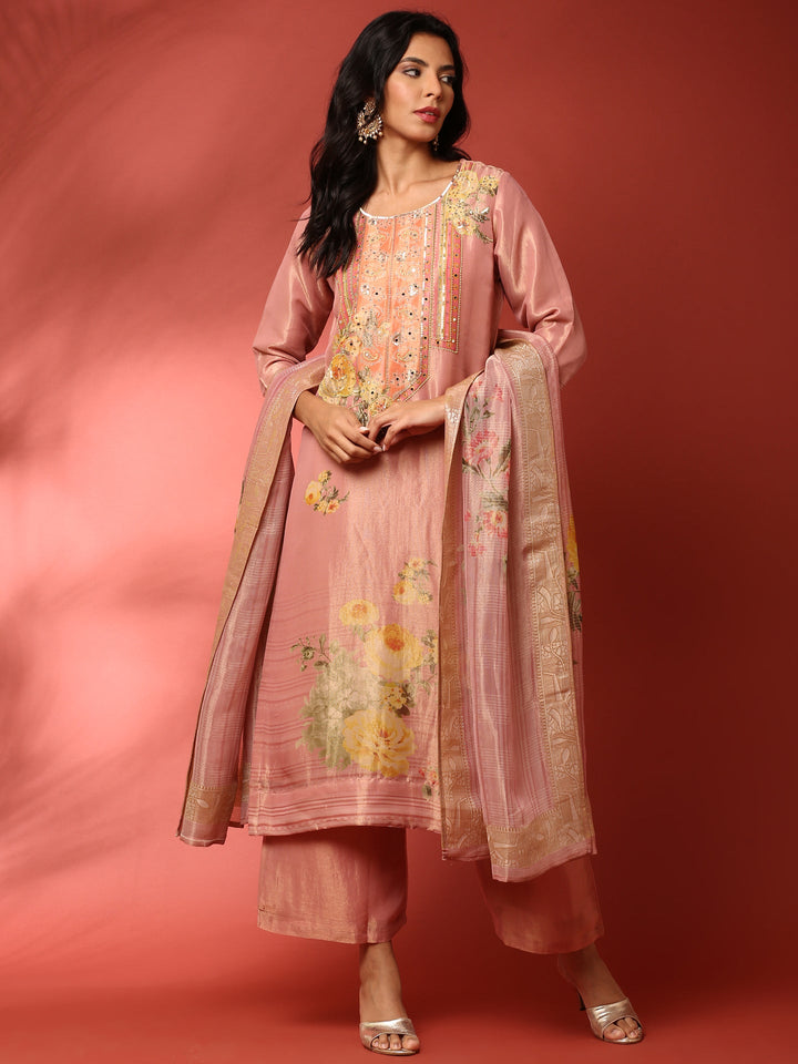 Neerus Pink tissue hand embroidered suit set - front view