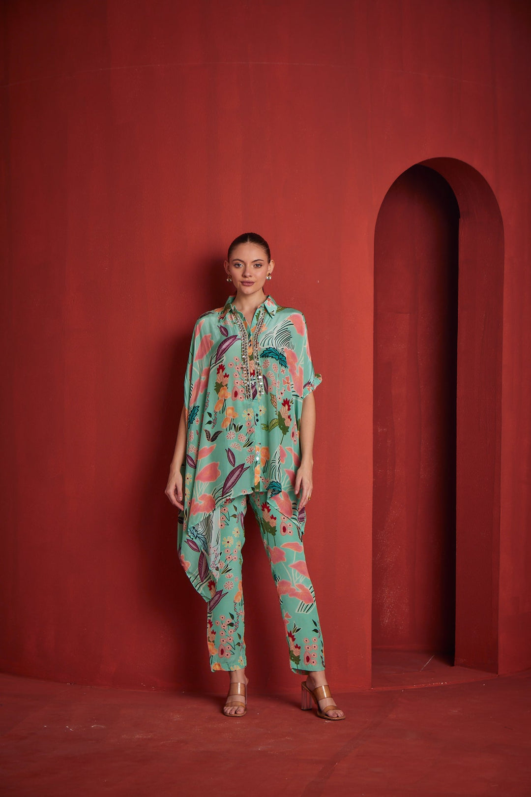 Neerus Green crepe co-ord set - front view