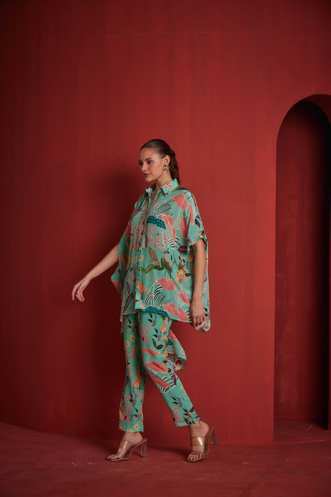 Neerus Green crepe co-ord set - back view