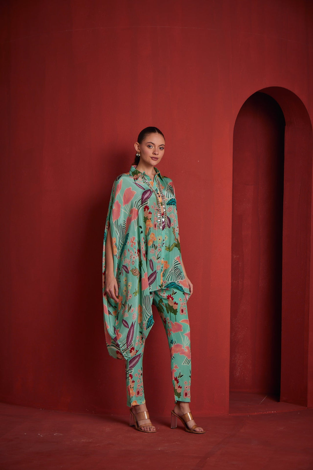 Neerus Green crepe co-ord set - side view