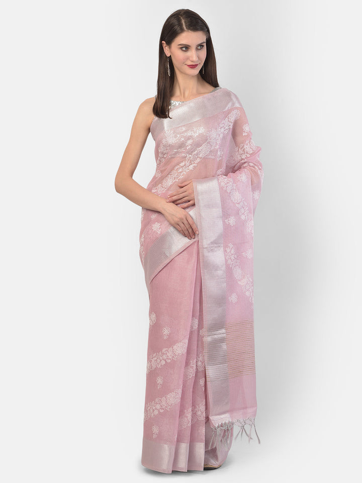 Neerus Pink tissue woven saree - front view