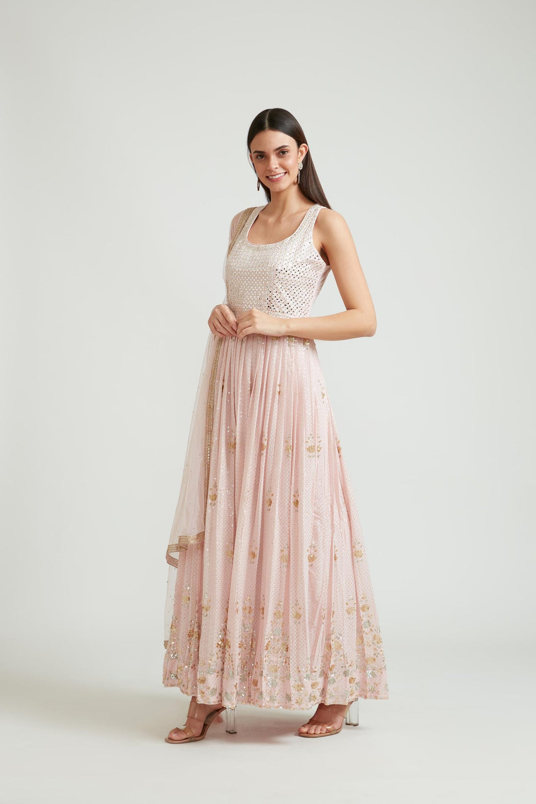 Neerus Pink georgette anarkali suit set - front view