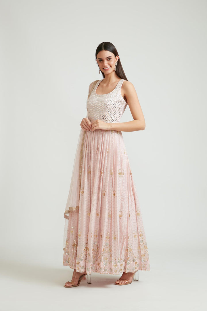 Neerus Pink georgette anarkali suit set - front view