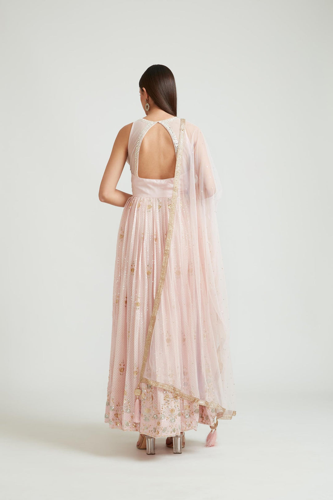 Neerus Pink georgette anarkali suit set - back view