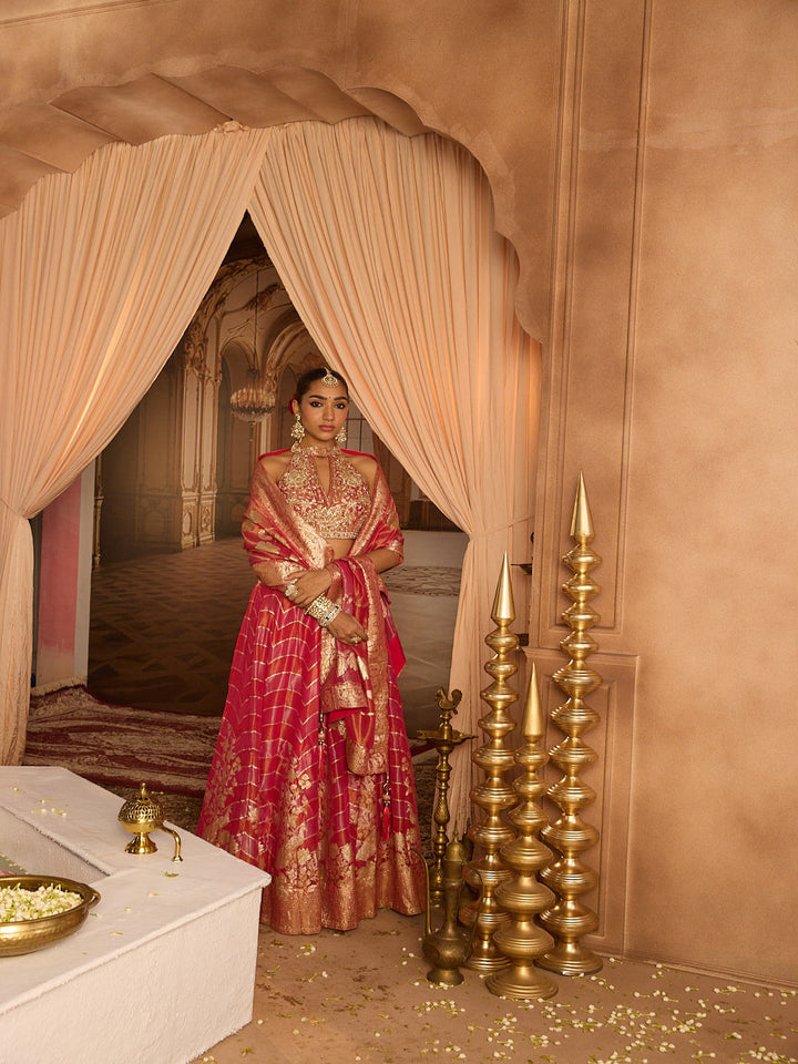 Neerus Pink tissue embroidered lehenga set - front view