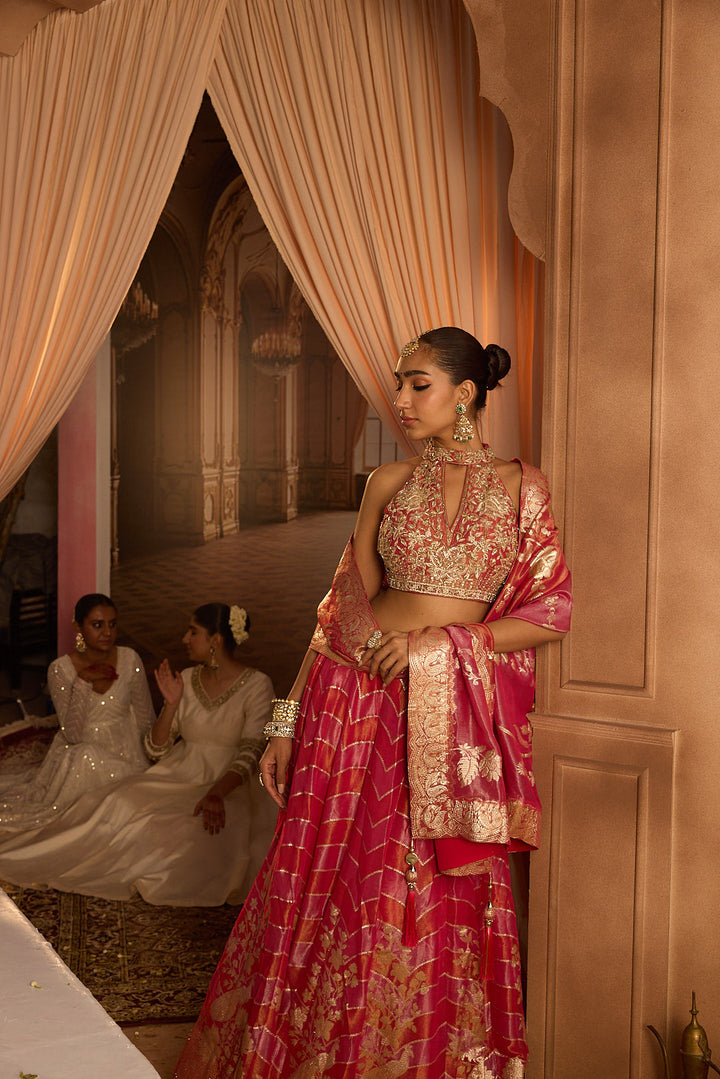 Neerus Pink tissue embroidered lehenga set - detail view 7
