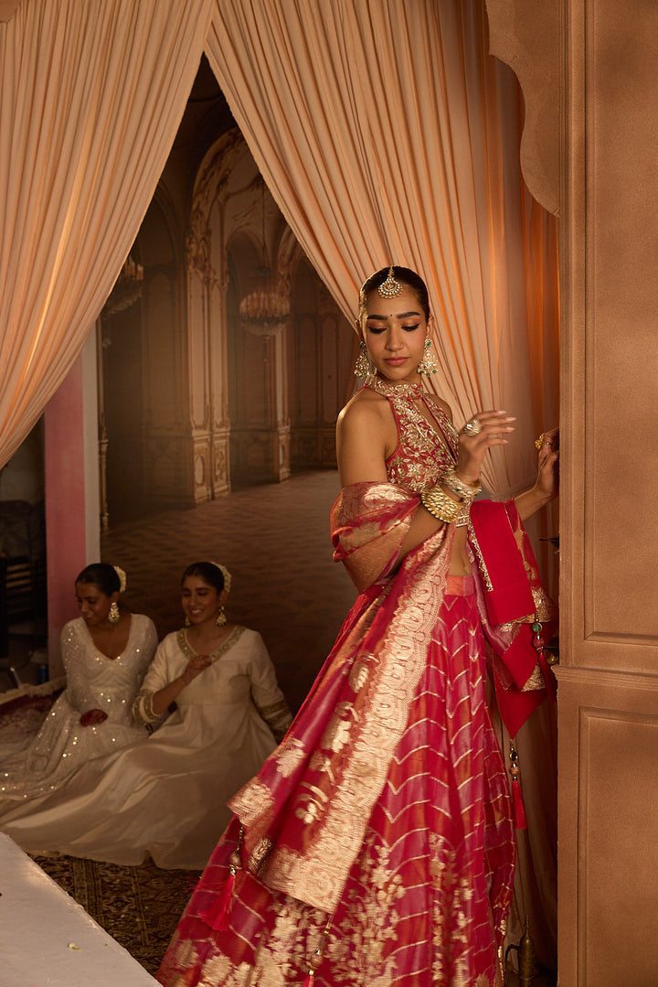 Neerus Pink tissue embroidered lehenga set - detail view 8