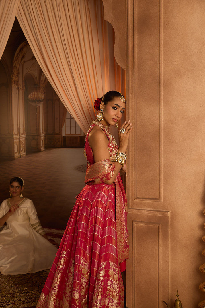 Neerus Pink tissue embroidered lehenga set - detail view 9