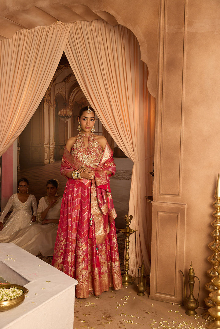Neerus Pink tissue embroidered lehenga set - back view