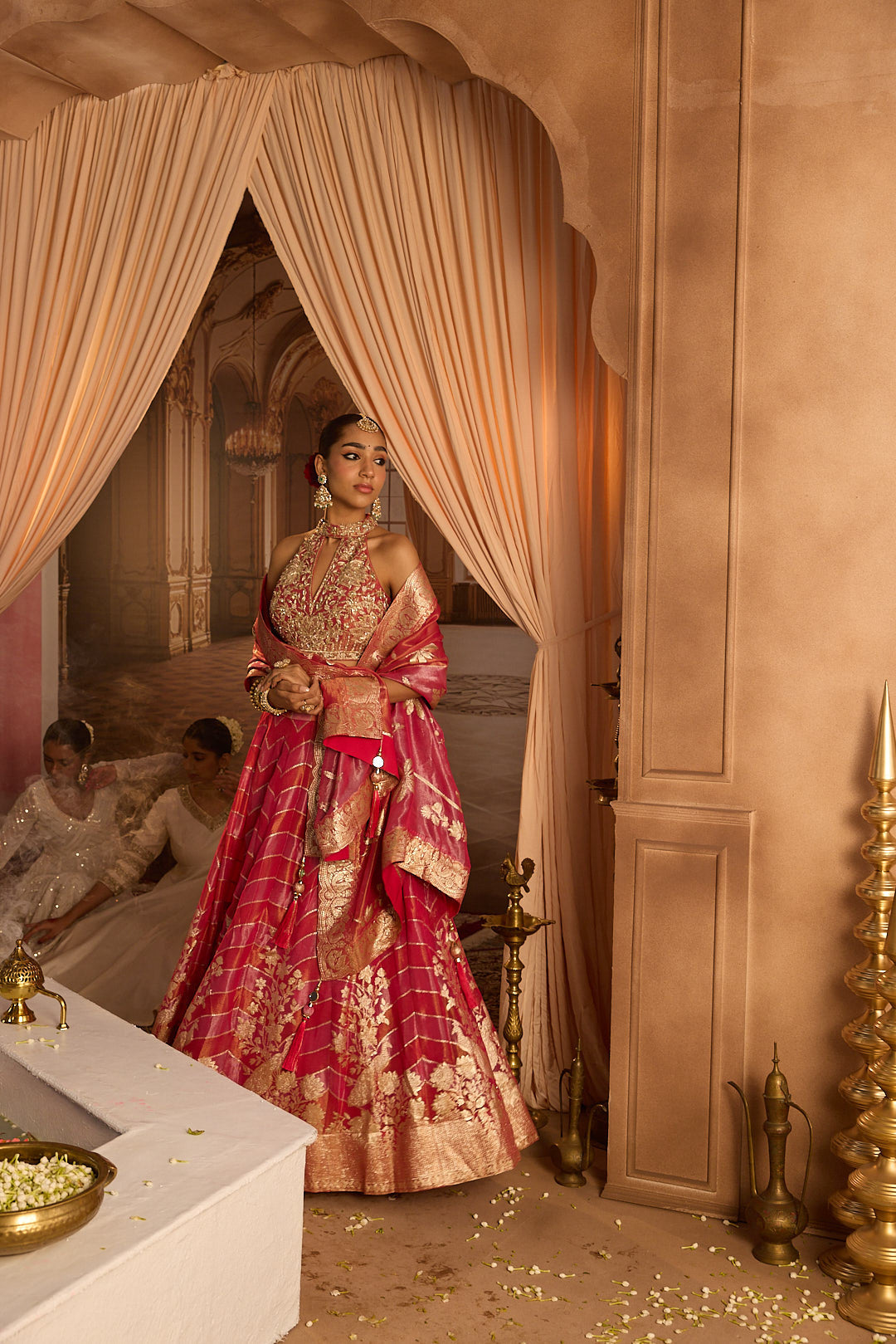 Neerus Pink tissue embroidered lehenga set - side view