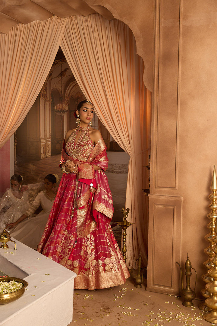 Neerus Pink tissue embroidered lehenga set - side view