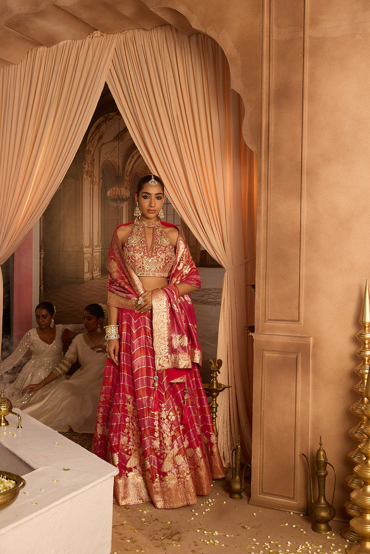 Neerus Pink tissue embroidered lehenga set - detail view 1