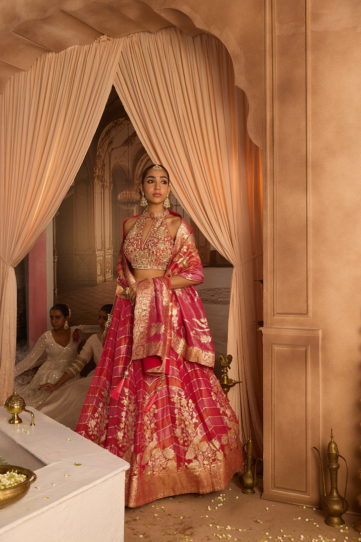 Neerus Pink tissue embroidered lehenga set - detail view 2