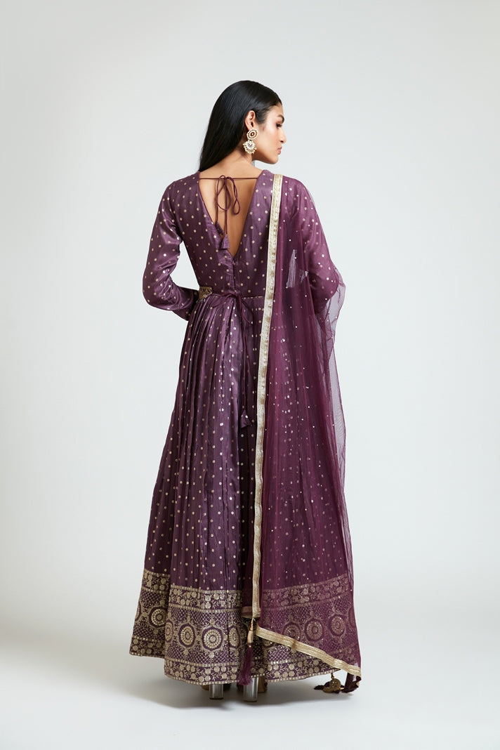 Neerus Maroon Banarasi woven dress - detail view 1