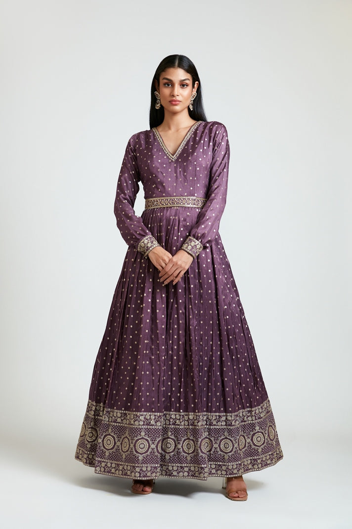 Neerus Maroon Banarasi woven dress - front view