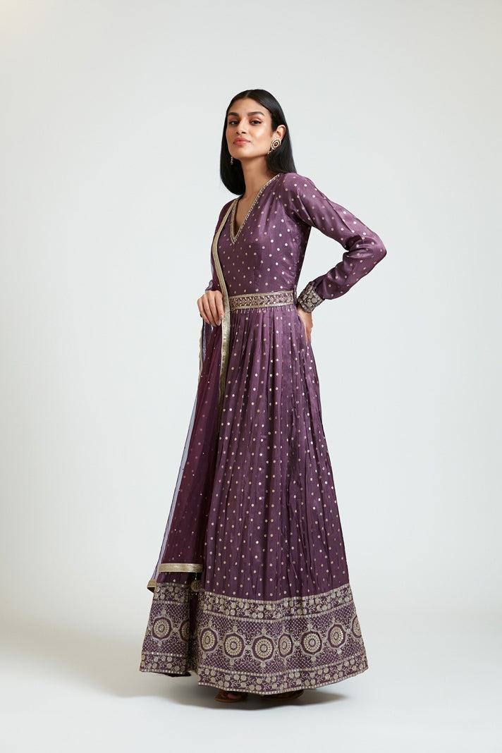 Neerus Maroon Banarasi woven dress - side view