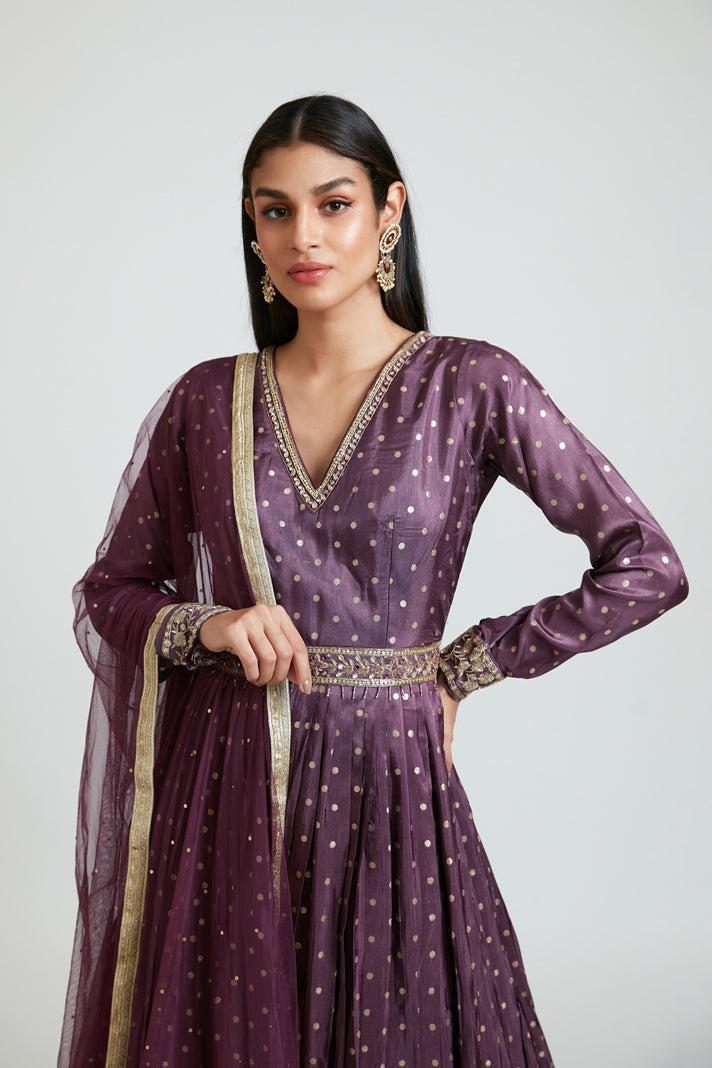 Neerus Maroon Banarasi woven dress - back view
