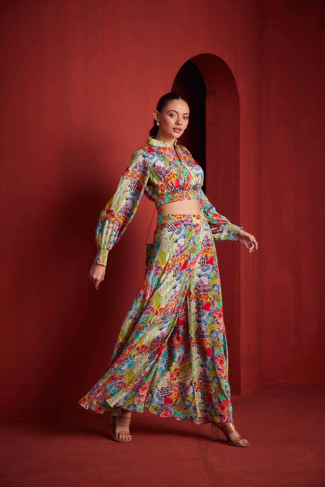 Neerus Multi chinon printed co-ord set - back view